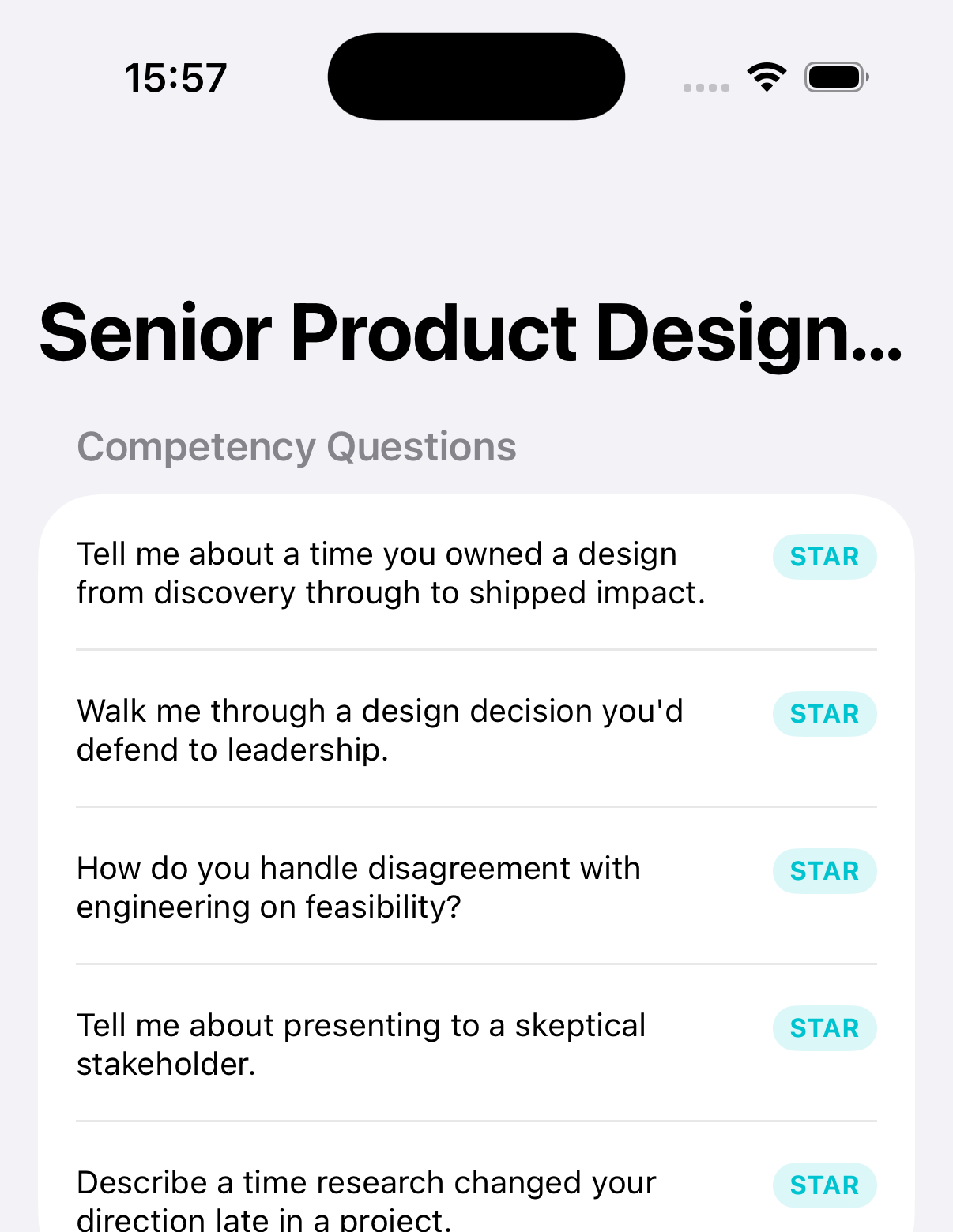 Analyse a Job Advert screen showing five tailored STAR competency questions for a Senior Product Designer role.