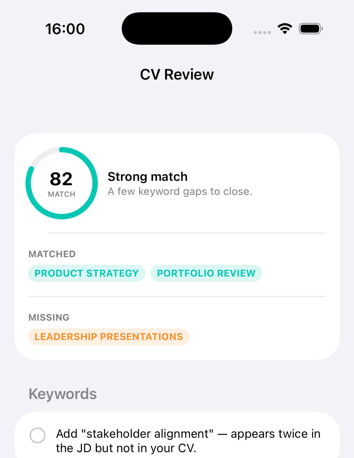 CV Review screen showing a match score of 82, matched and missing keywords, and grouped suggestions.