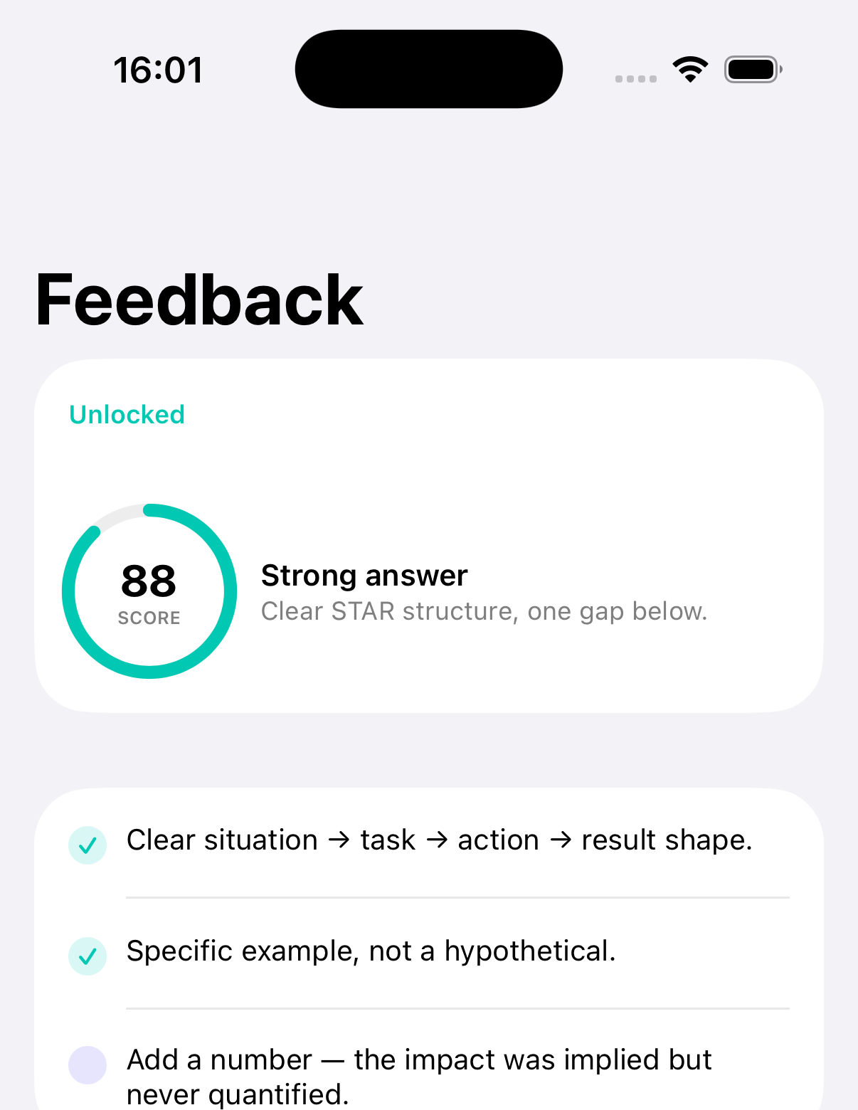 Rehearse Aloud feedback screen showing a score of 88 with specific good and tip items.