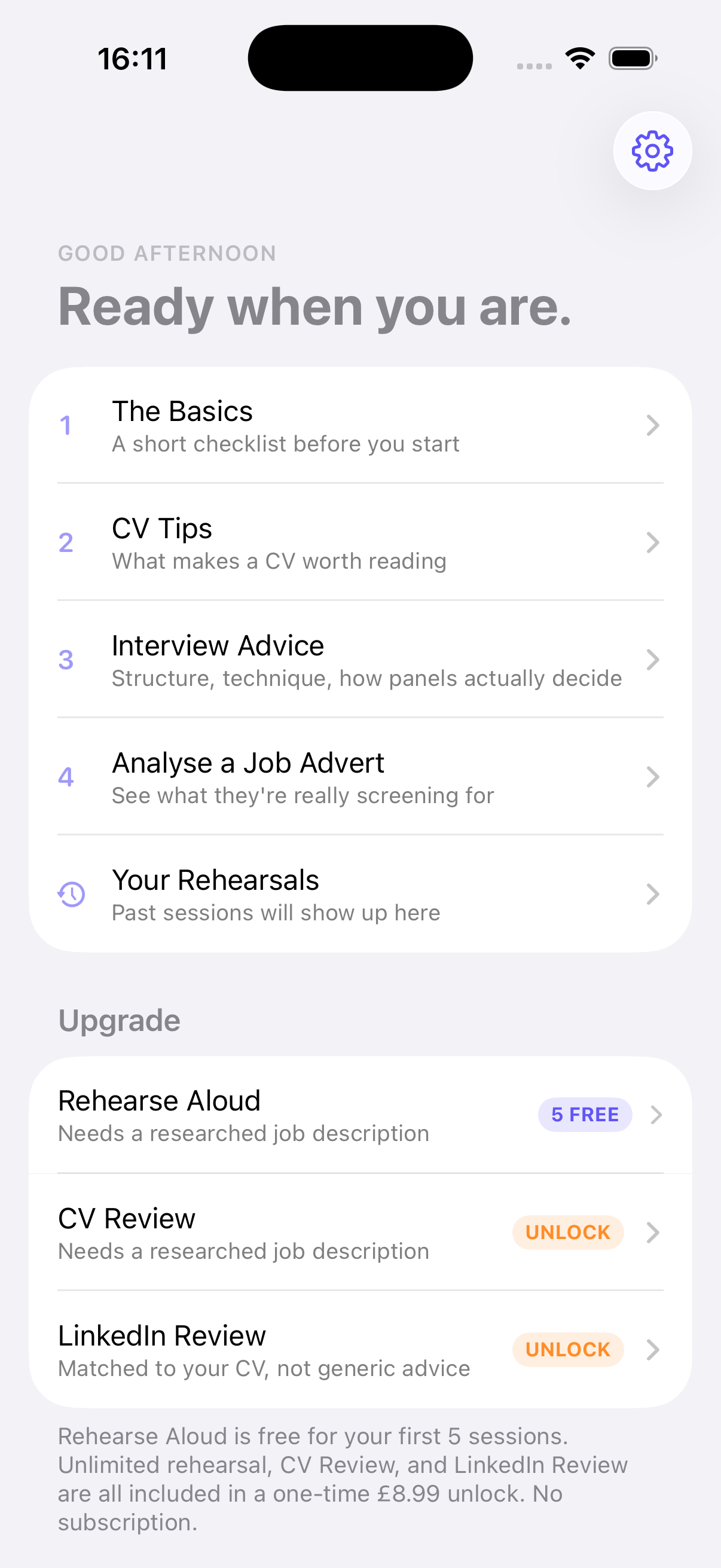 HirePotential's Home screen, showing The Basics, CV Tips, Interview Advice, and Analyse a Job Advert, plus a researched role scored 78.