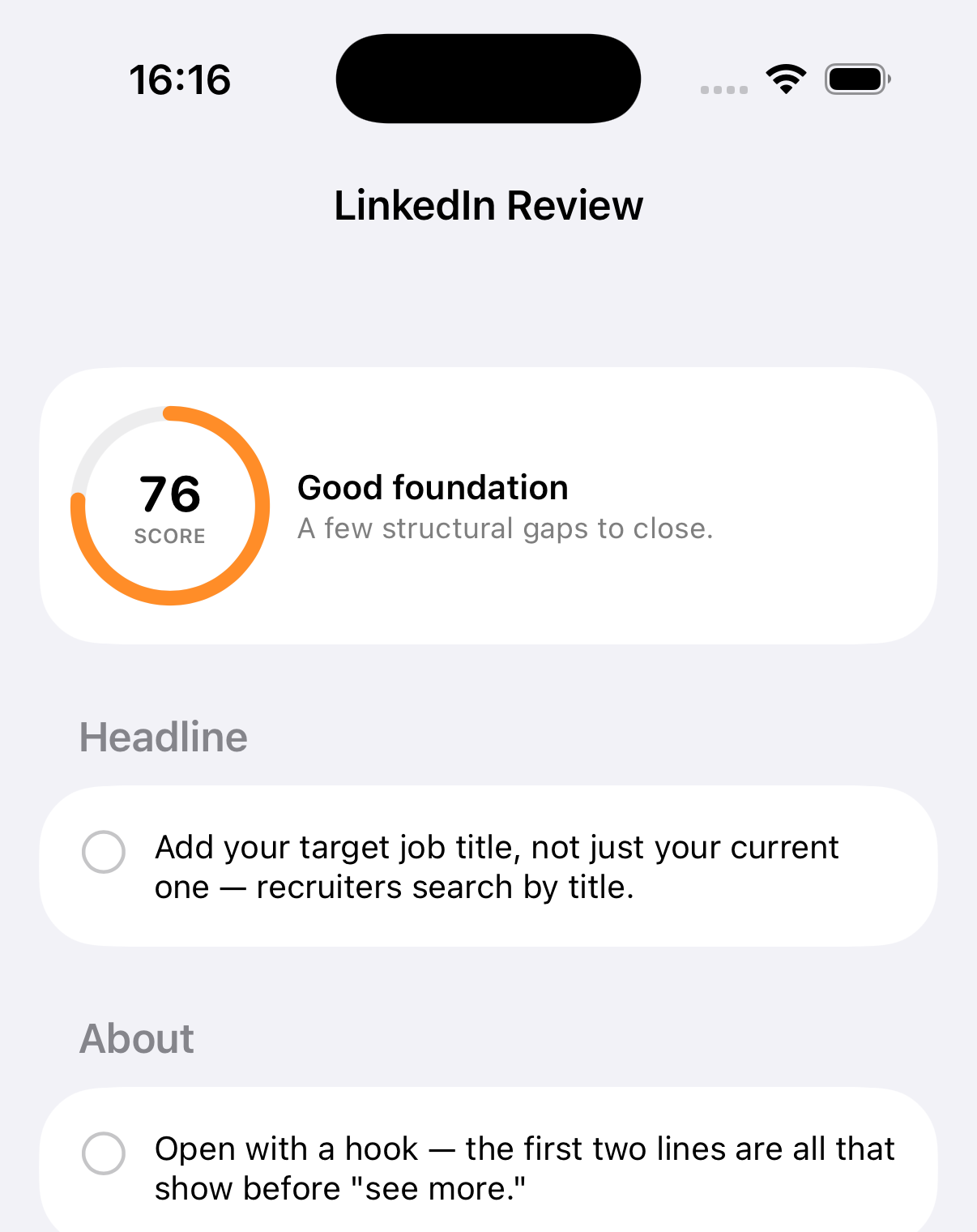 LinkedIn Review screen showing a score of 76 with suggestions grouped under Headline, About, and Consistency.