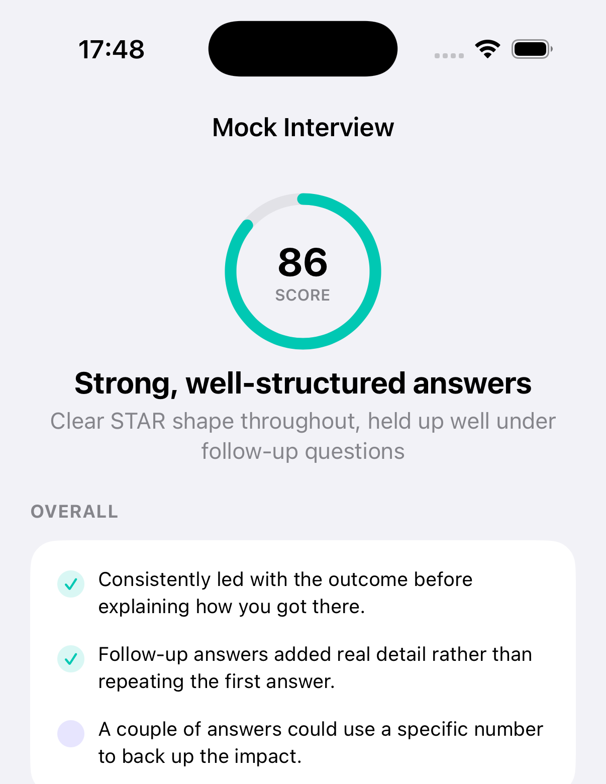 Mock Interview report screen showing a score of 86, overall feedback, and a question-by-question breakdown with follow-up answers.